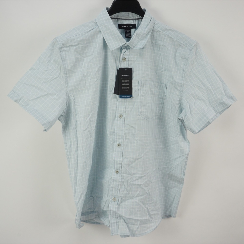 New Kenneth Cole Men's 2XL Light Blue Check Stretch Short Sleeve Button Up Shirt